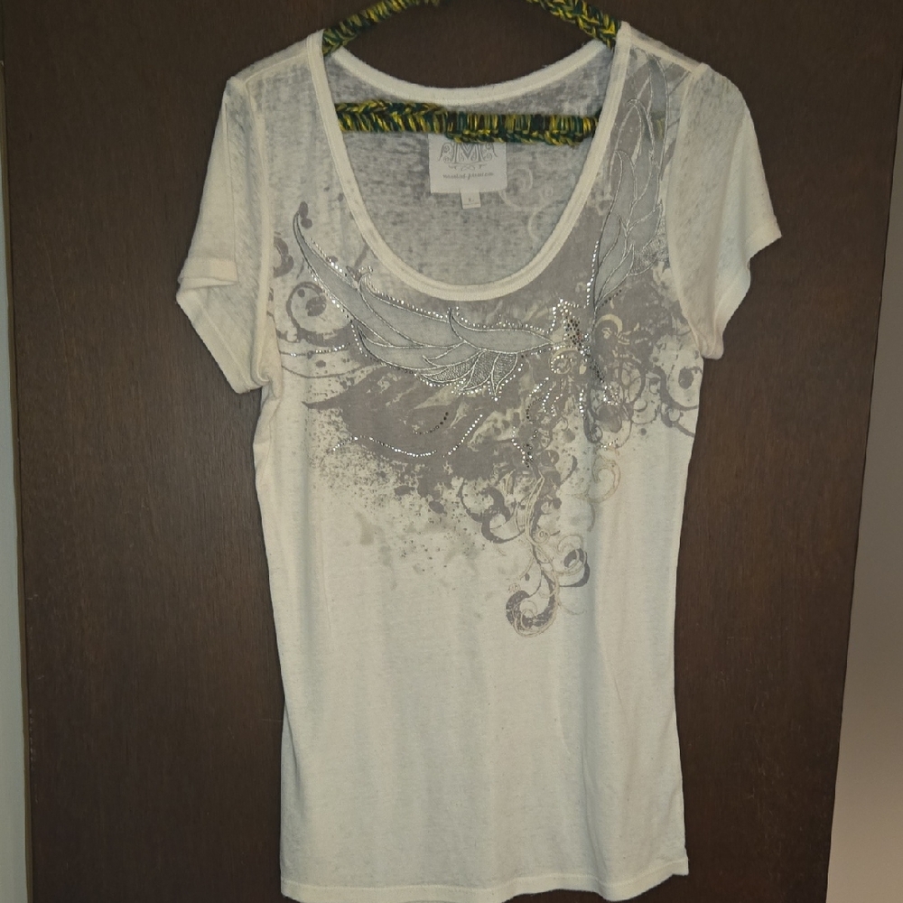 Women's White Tee with Silver/rhinestone/mesh Design